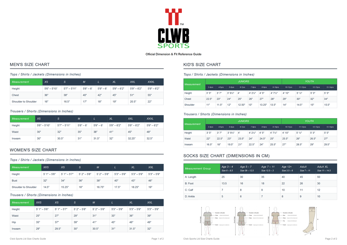 Foresters Netball clothing and sock size guide